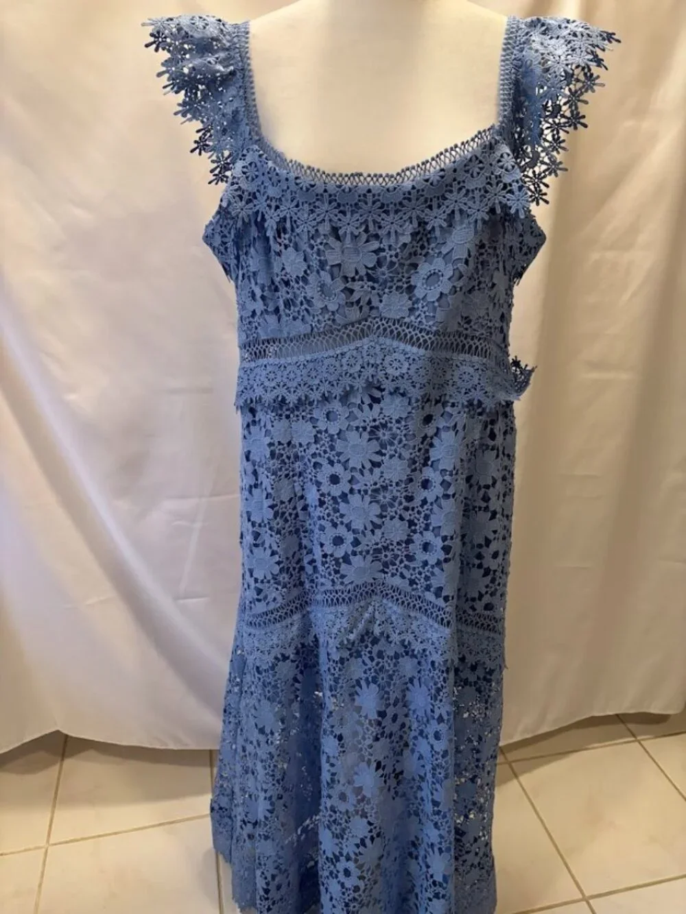 ASOS DESIGN Premium Lace Dress with Ruffle Detail in Blue - Size 14 - Picture 2 of 16